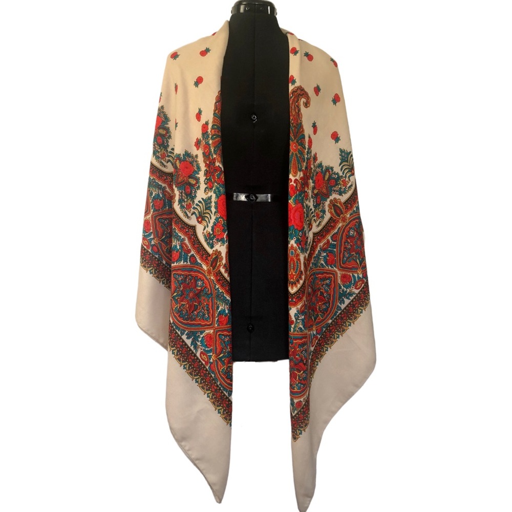 DIVIDED | Large Square Print Scarf | Tan/ Red/ Green